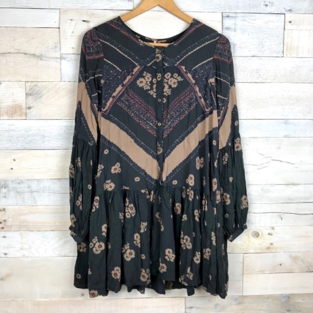 Free People Floral Button Long Sleeve Tunic Dress Small